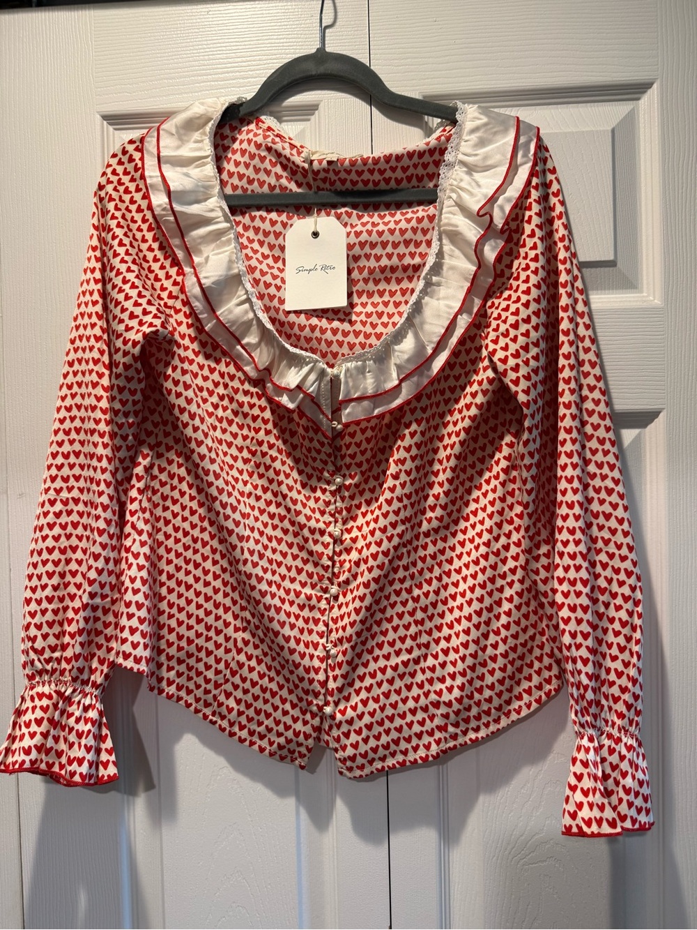 Red Heart Print Ruffle Collar Blouse - Women's